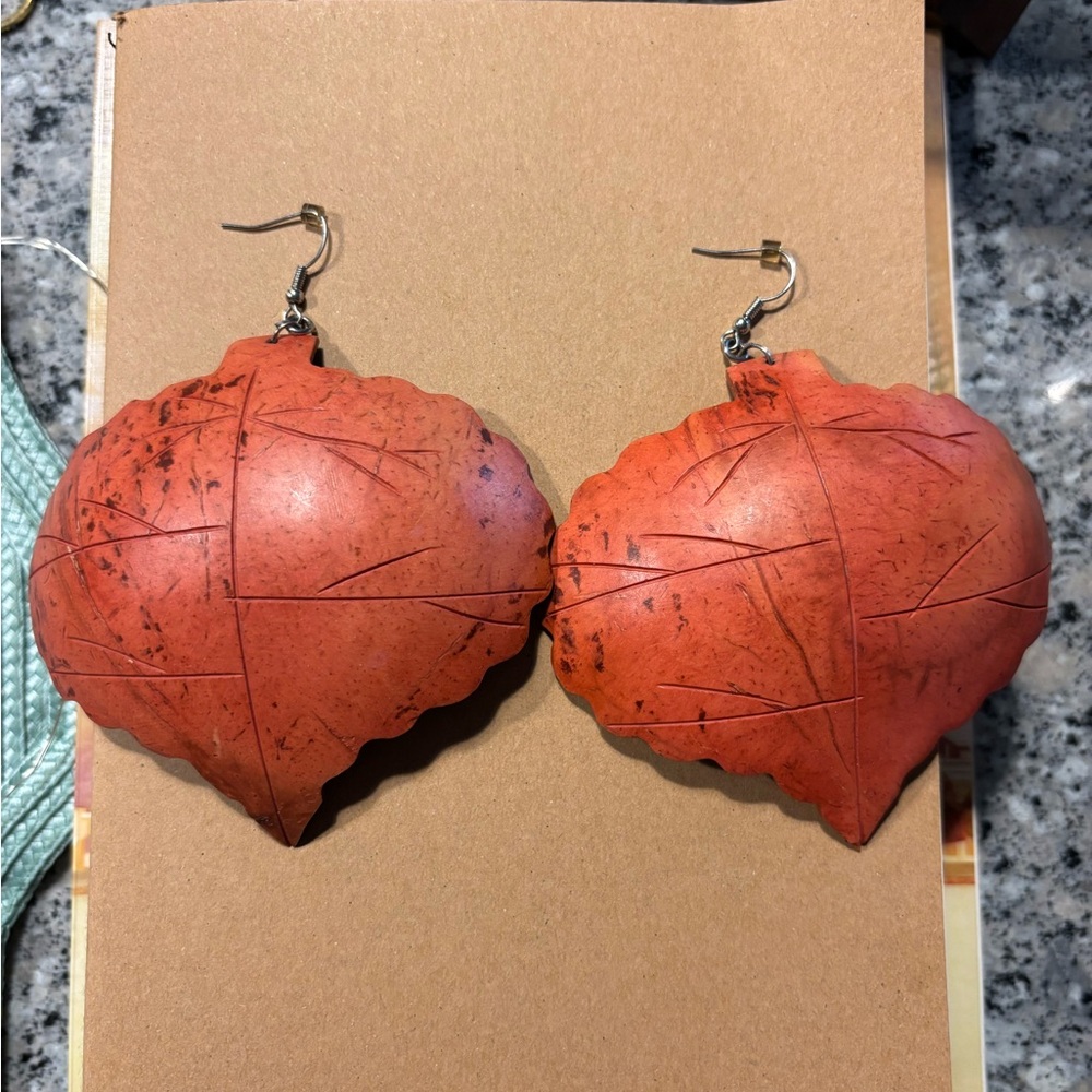 Fall leaf rust colored statement earrings made of natural material
